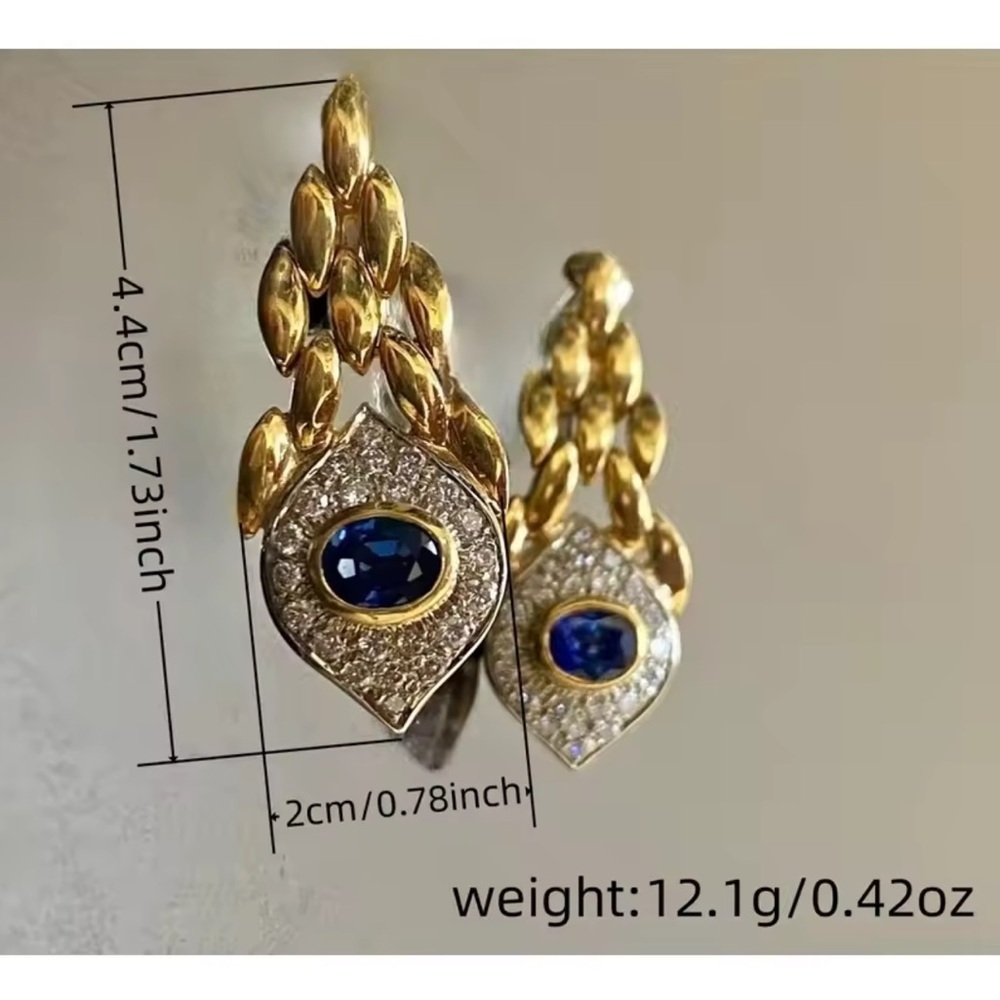 Vintage Royal Blue Sapphire Drop Gold Earrings - Picture 5 of 6